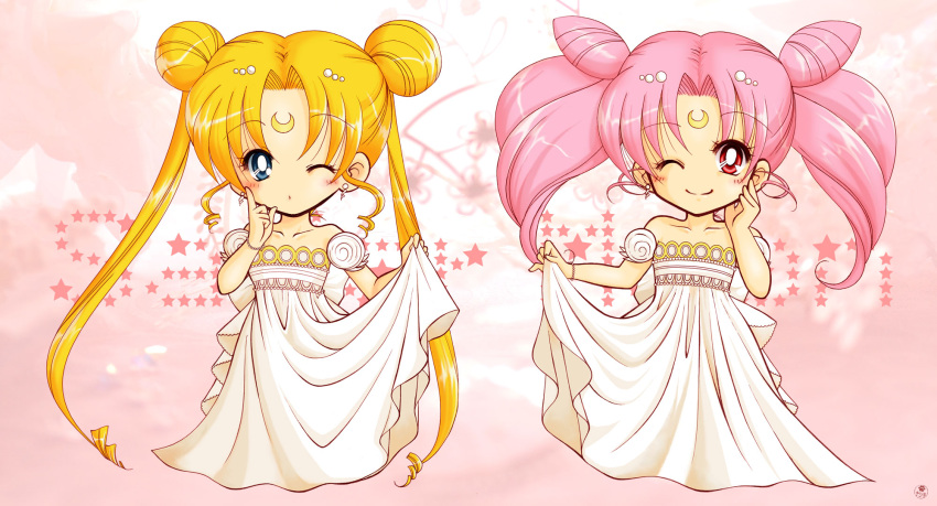 bare_shoulders, bishoujo_senshi_sailor_moon, blonde_hair, blue_eyes, chibi, collarbone, crescent, double_bun
