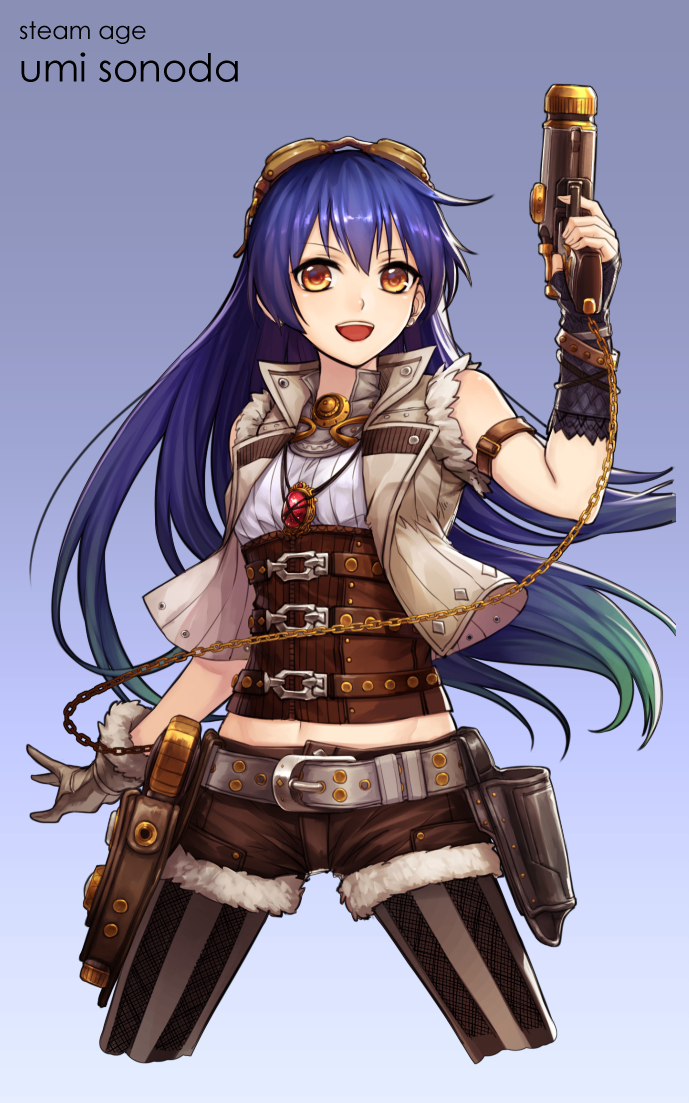 1girl, :d, alternate_costume, aqua_hair, arm_belt, arms_at_sides, asymmetric_gloves, bangs