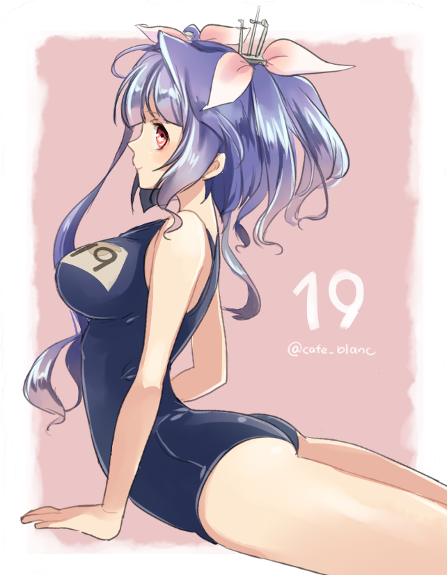 1girl, arched_back, arm_support, ass, bangs, blue_hair, border, breasts