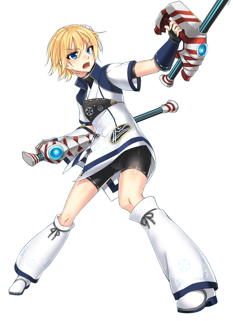 1girl, bike_shorts, black_gloves, blonde_hair, blue_eyes, blush, dual_wielding, fingerless_gloves