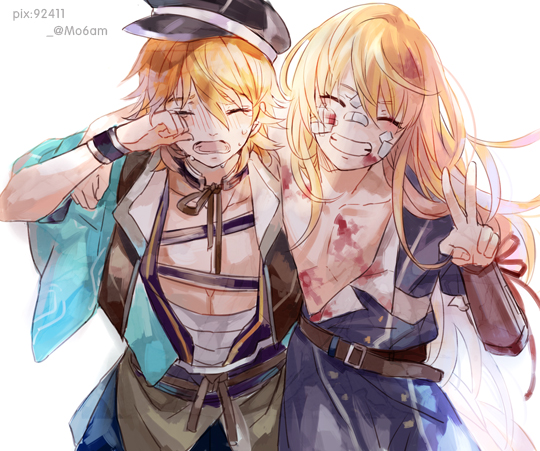 2boys, ^_^, arm_around_shoulder, bandaid, bandaid_on_nose, blonde_hair, blood, closed_eyes