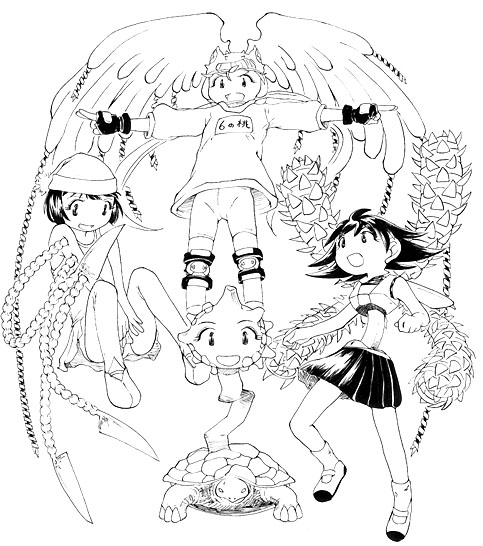 alien_nine, bike_shorts, character_request, drill, fingerless_gloves, gloves, inline_skates, knee_pads, long_hair, milk_closet, monochrome, nib_pen, nib_pen_(medium), propeller_heaven, roller_skates, sakurada_kogane, school_uniform, shoes, skates, skirt, spoilers, tokumu_houkoukan_yumihari, tomine_kasumi, traditional_media, turtle, twintails, uwabaki, wabiru, weapon, wings, yamaguchi_hana