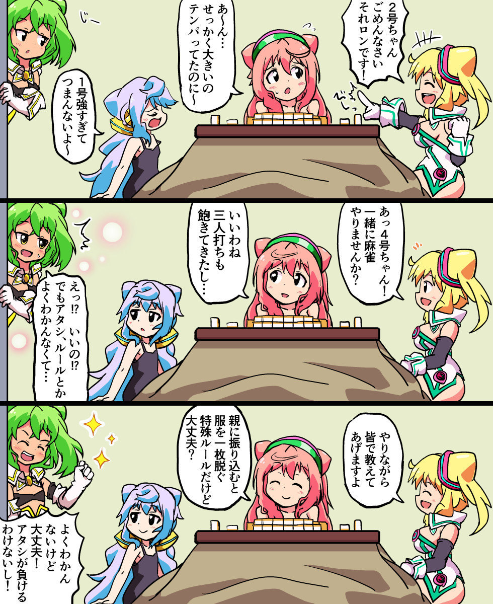 1boy, bare_shoulders, blonde_hair, blue_hair, blush, board_game, breasts, closed_eyes