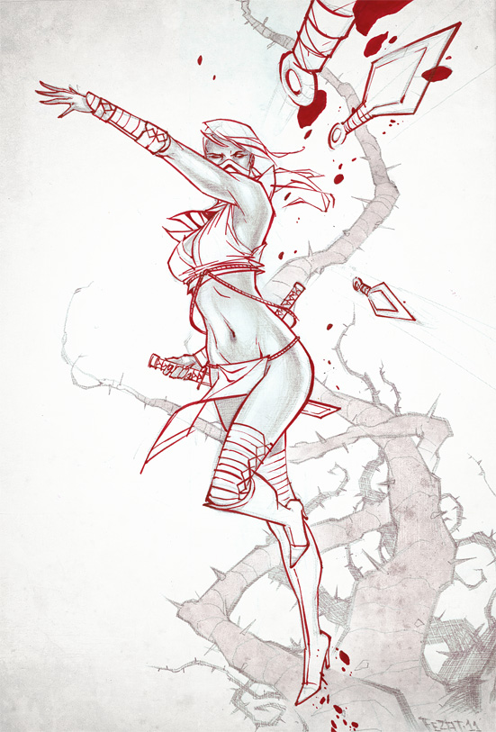 1girl, blood, boots, breasts, cleavage, fezat, kodachi, kunai