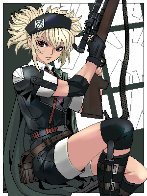beret, blonde_hair, fingerless_gloves, gloves, gun, hat, knife, lowres