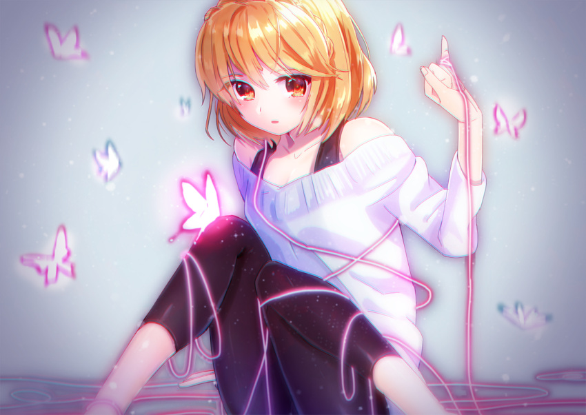 1girl, blonde_hair, brown_eyes, butterfly, kaniku, knit_(pop'n_music), leggings, sweater