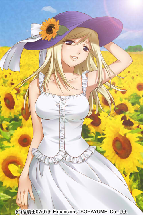 1girl, blonde_hair, bow, breasts, brown_eyes, dress, field, flower