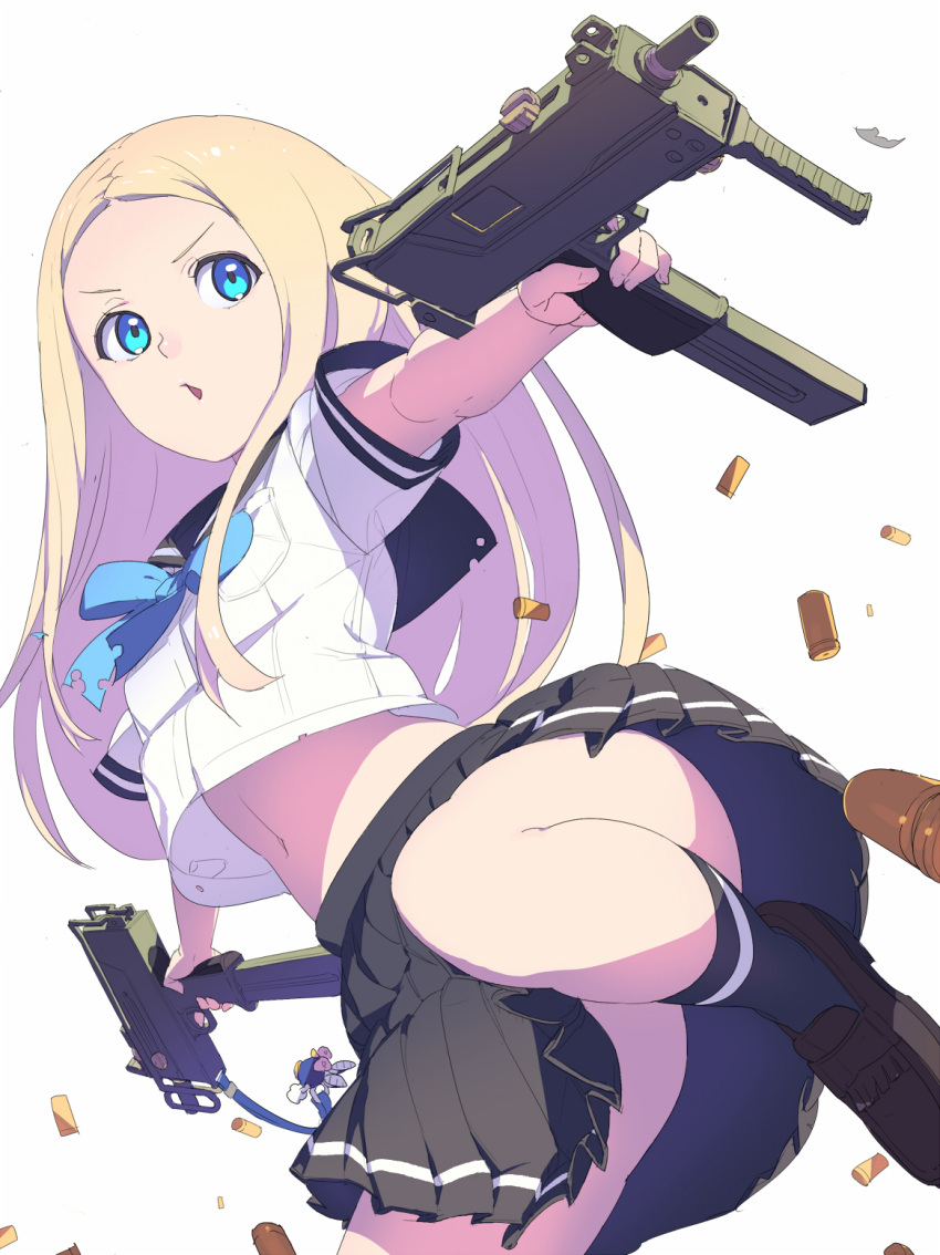 1girl, aiming, black_legwear, black_skirt, blonde_hair, blue_bowtie, bowtie, brown_shoes