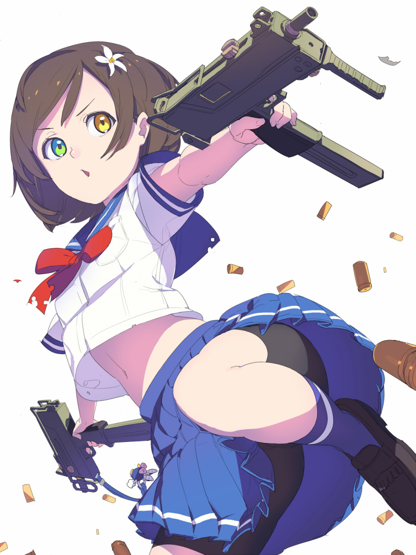 1girl, aiming, bike_shorts, black_shorts, blue_legwear, blue_skirt, bowtie, brown_hair