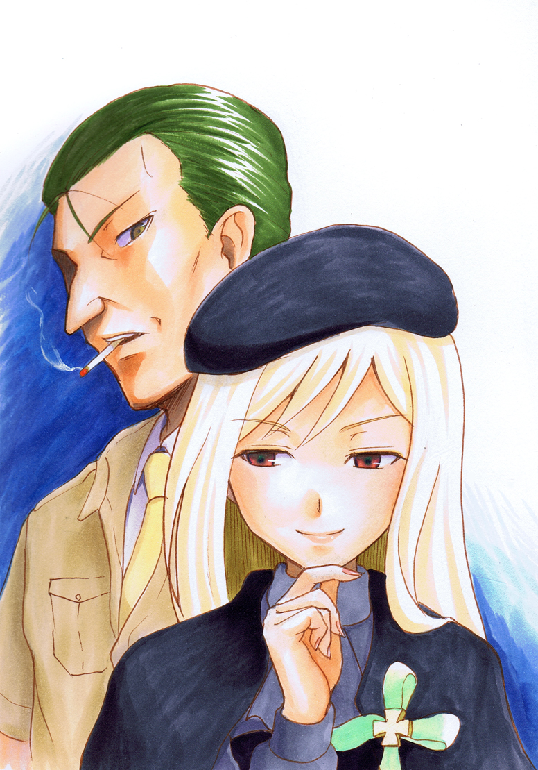 1boy, 1girl, bangs, beret, brown_eyes, cape, cigarette, green_hair, hand_on_own_chin, hat, higurashi_no_naku_koro_ni, long_hair, long_nose, looking_at_another, m-shiganai, necktie, okonogi_tetsuro, parted_bangs, red_eyes, simple_background, smile, smoking, takano_miyo, traditional_media, uniform