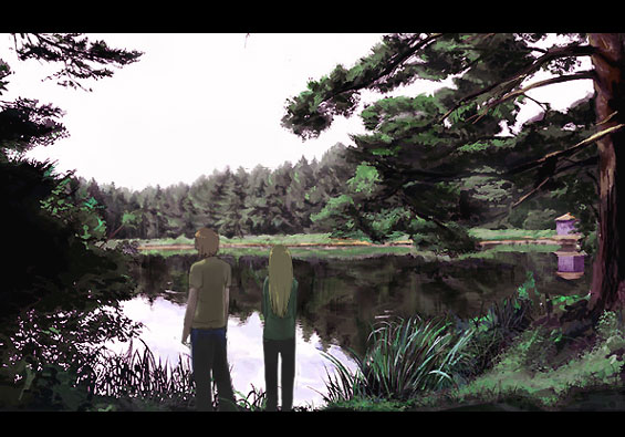 1boy, 1girl, aoi_(dizzy), back, branch, forest, grass, higurashi_no_naku_koro_ni