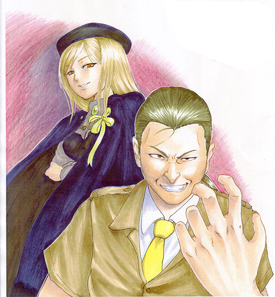 1boy, 1girl, beret, blonde_hair, brown_eyes, cape, crossed_arms, green_hair