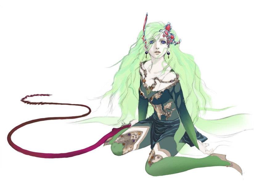 bare_shoulders, blue_eyes, earrings, final_fantasy, final_fantasy_iv, final_fantasy_iv_the_after, green_hair, highres