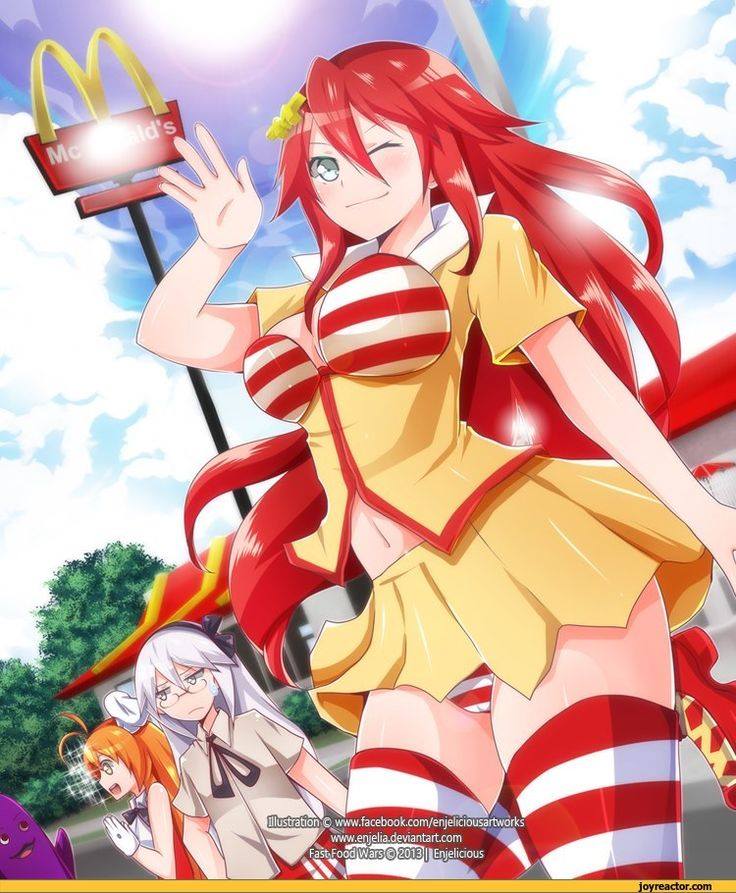 2013, 3girls, ahoge, bra, clouds, dutch_angle, enjelicious, glasses, gloves, grimace_(mcdonald's), lens_flare, long_hair, mcdonald's, multiple_girls, navel, one_eye_closed, open_mouth, orange_hair, panties, redhead, ronald_mcdonald, skirt, sparkle, striped, striped_bra, striped_legwear, striped_panties, underwear, watermark, web_address, white_gloves, white_hair, yellow_skirt
