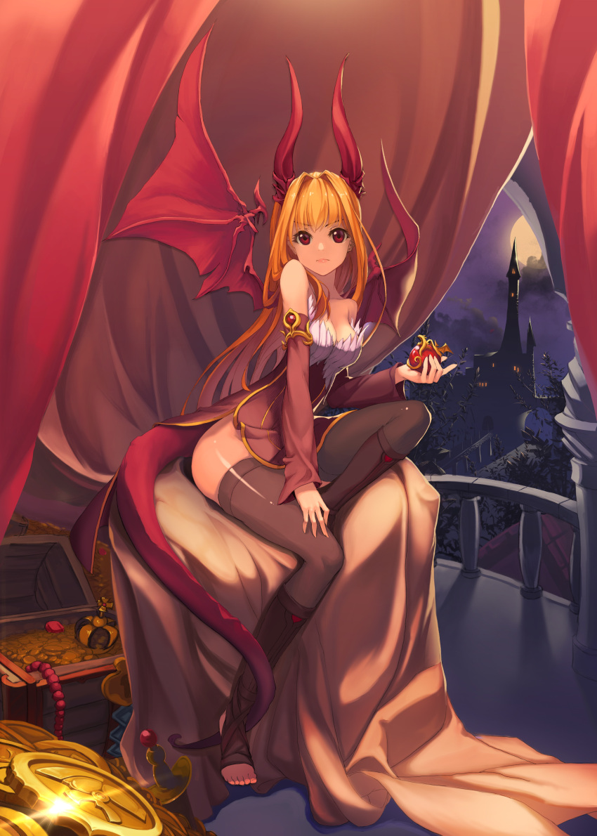 1girl, absurdres, artist_request, balcony, bare_shoulders, blonde_hair, breasts, castle, cleavage, coin, curtains, dragon, dragon_girl, dress, gem, gold, highres, horns, loot, moon, necklace_removed, original, red_eyes, sitting, solo, tail, thigh-highs, tower, treasure, treasure_chest, wings
