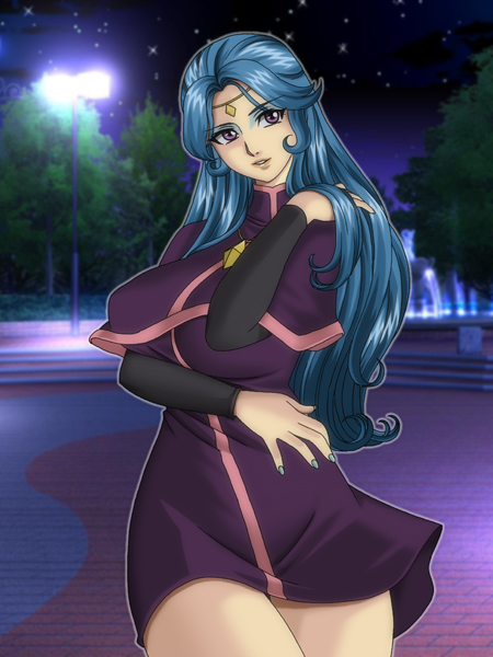 1girl, blue_hair, cowboy_shot, dress, gaden, hibiki_non, long_hair, majokko_megu-chan