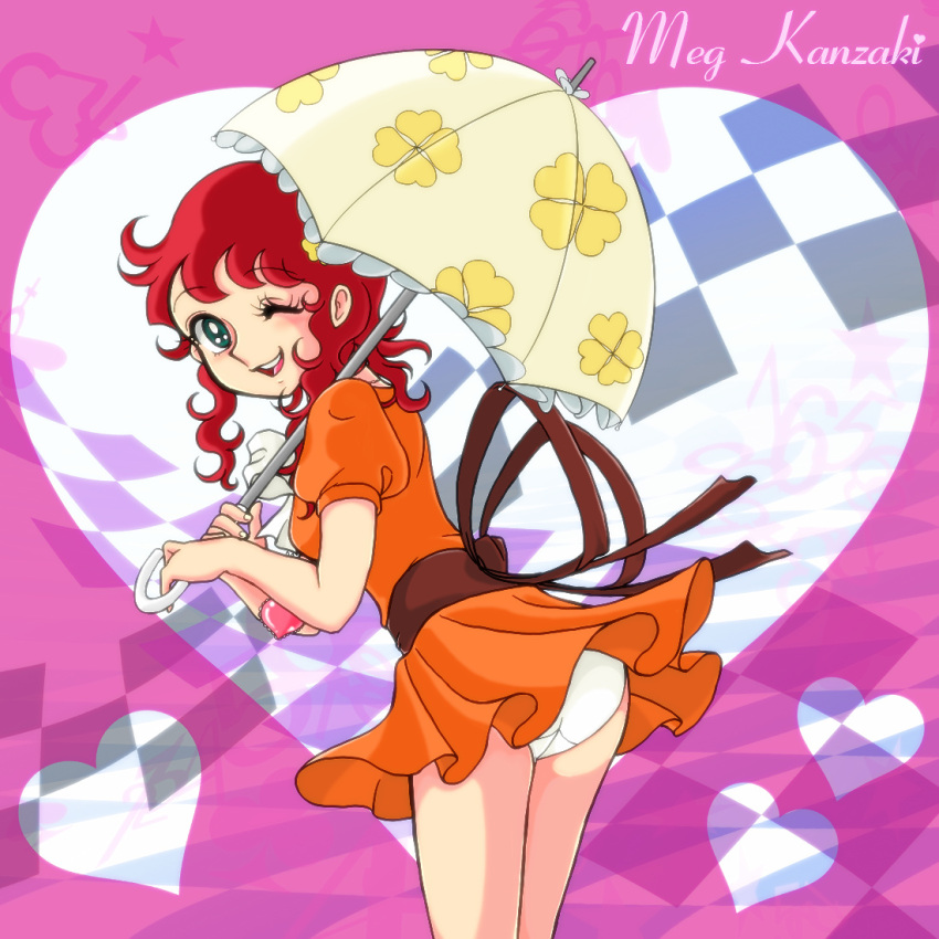 1girl, brown_ribbon, character_name, checkered, clover, curly_hair, dress, dress_lift