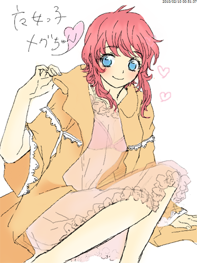 1girl, 2010, blue_eyes, bra, cloak, dated, heart, kanzaki_megu