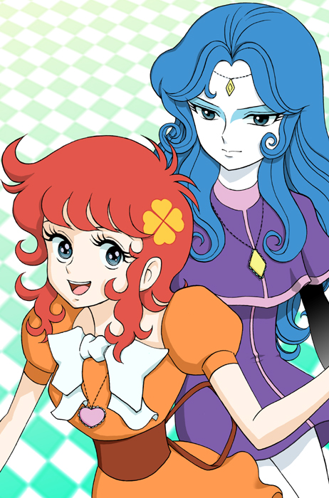 2girls, :d, aqua_background, aqua_hair, blue_hair, bow, bowtie, capelet