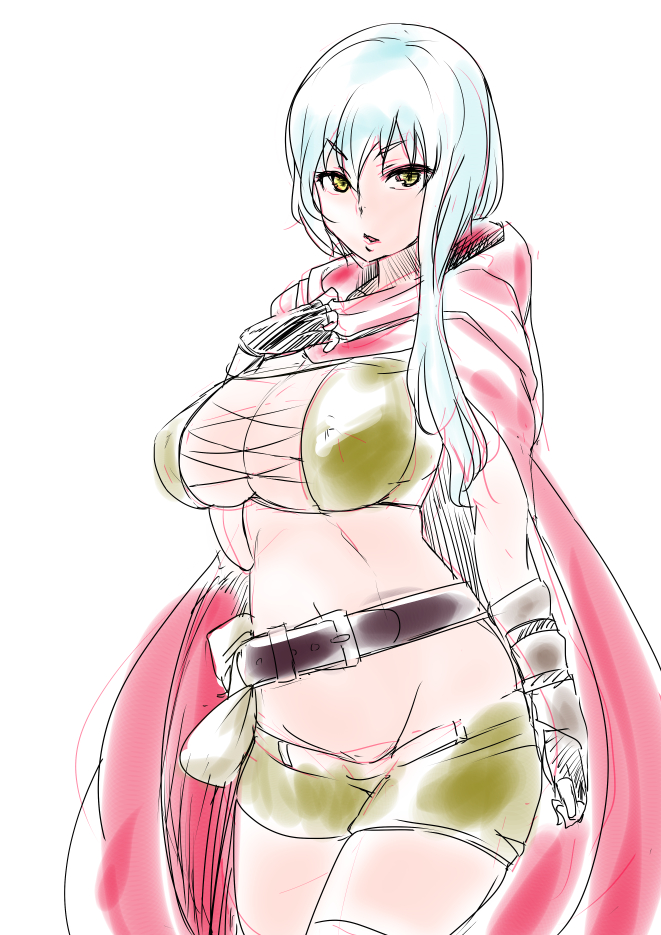 1girl, belt, breasts, cape, cecily_(sennen_sensou_aigis), chiyo_koharu, cleavage, fingerless_gloves, gloves, groin, large_breasts, long_hair, looking_at_viewer, parted_lips, sennen_sensou_aigis, short_shorts, shorts, simple_background, solo, white_background, white_hair