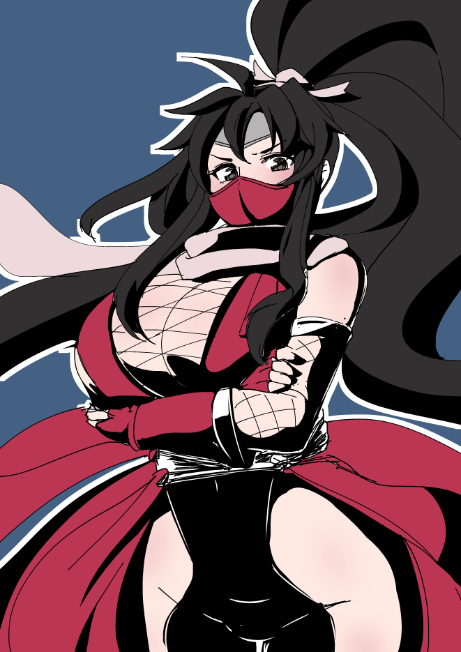 1girl, bare_shoulders, black_eyes, black_hair, blue_background, breasts, chiyo_koharu, cleavage