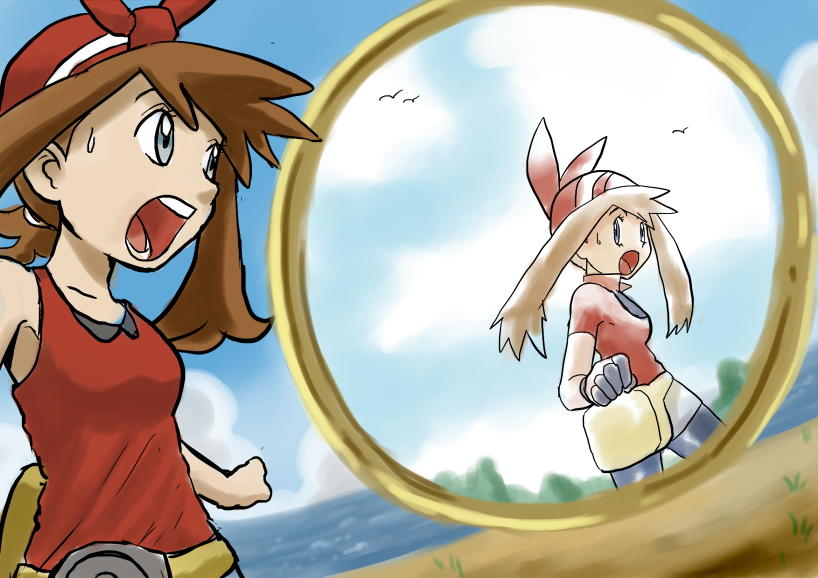 2girls, bandana, blue_eyes, brown_hair, dual_persona, fanny_pack, hair_ribbon, haruka_(pokemon)