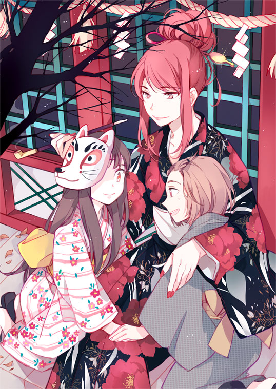 1boy, 2girls, arm_around_shoulder, brown_hair, floral_print, fox_mask, hair_bun, hair_ornament, hairpin, holding_hands, japanese_clothes, kimono, kiseru, kneeling, long_hair, mask, mask_on_head, multiple_girls, nail_polish, obi, one_eye_covered, original, pipe, red_eyes, redhead, rope, sash, shide, shimenawa, short_hair, shrine, sichol-bell, sidelocks, sitting, smile, yukata