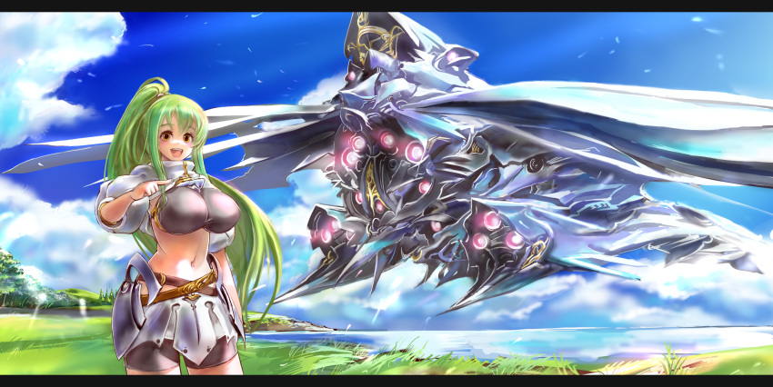 armor, belt, bike_shorts, breasts, cloud, clouds, fantasy, flying