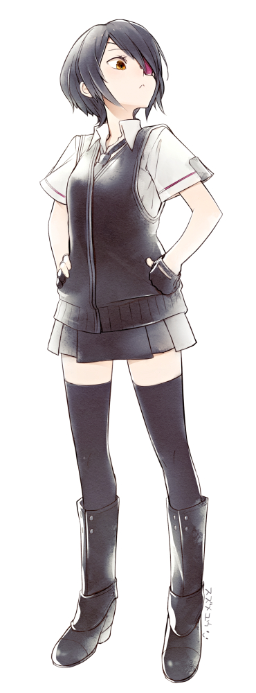 1girl, adapted_costume, artist_name, black_gloves, black_legwear, boots, brown_eyes, eyepatch
