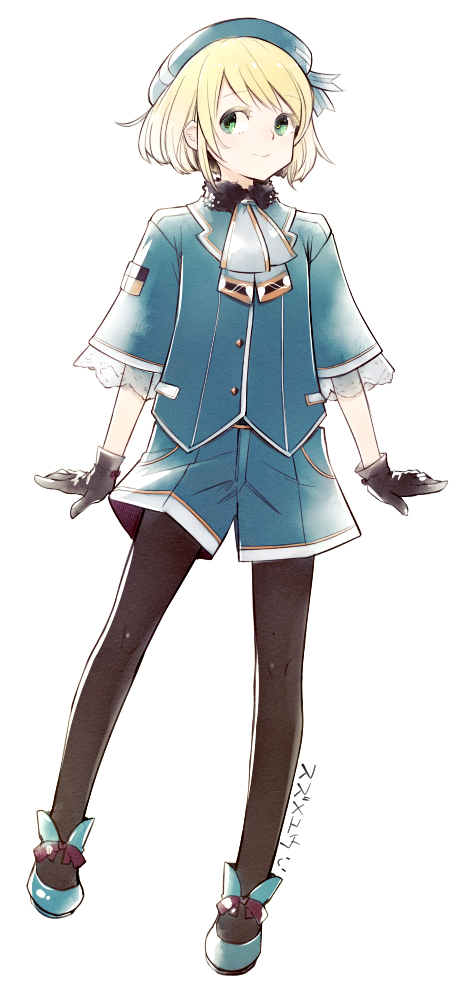 1girl, adapted_costume, artist_name, atago_(kantai_collection), black_gloves, black_legwear, blonde_hair, fur_collar, gloves, green_eyes, hat, kantai_collection, legwear_under_shorts, military, military_uniform, pantyhose, short_hair, shorts, signature, solo, standing_on_one_leg, suzume_yuu, uniform, younger