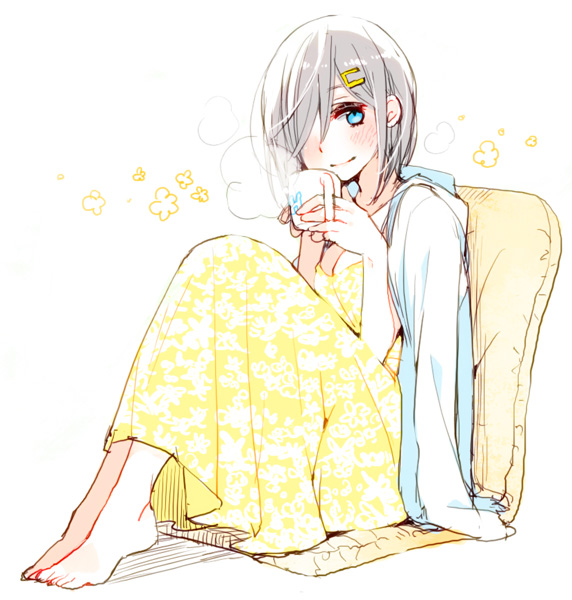 1girl, barefoot, blue_eyes, coffee_mug, dress, hair_ornament, hair_over_one_eye, hairclip