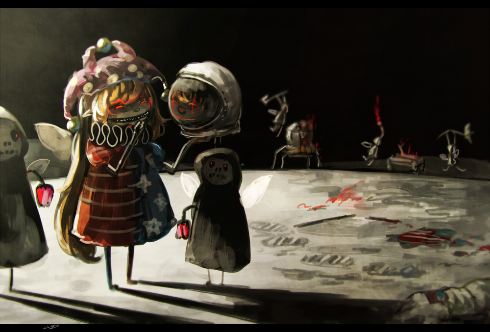 american_flag, american_flag_legwear, american_flag_shirt, astronaut, blonde_hair, blood, clownpiece, decapitation, disembowelment, fairy, fairy_wings, hat, jester_cap, koto_inari, long_hair, lunar_module, red_eyes, reflection, smile, space_craft, teeth, touhou, wings