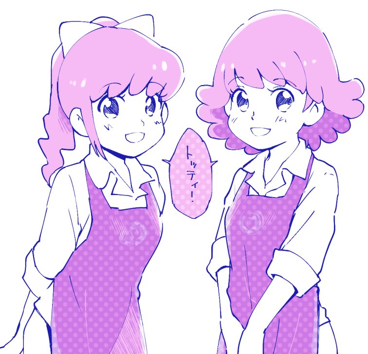 2girls, aida_(osomatsu-san), arms_behind_back, barista, bow, cowboy_shot, employee_uniform, hair_bow