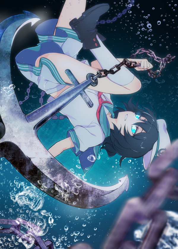 1girl, anchor, black_hair, blue_eyes, blurry, bubble, chain, depth_of_field