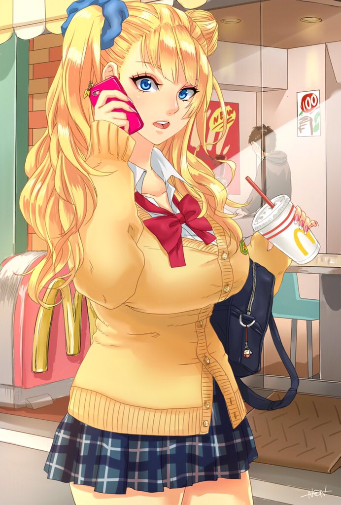 1girl, asymmetrical_hair, blonde_hair, blue_eyes, breasts, cardigan, cellphone, gyaru-ko