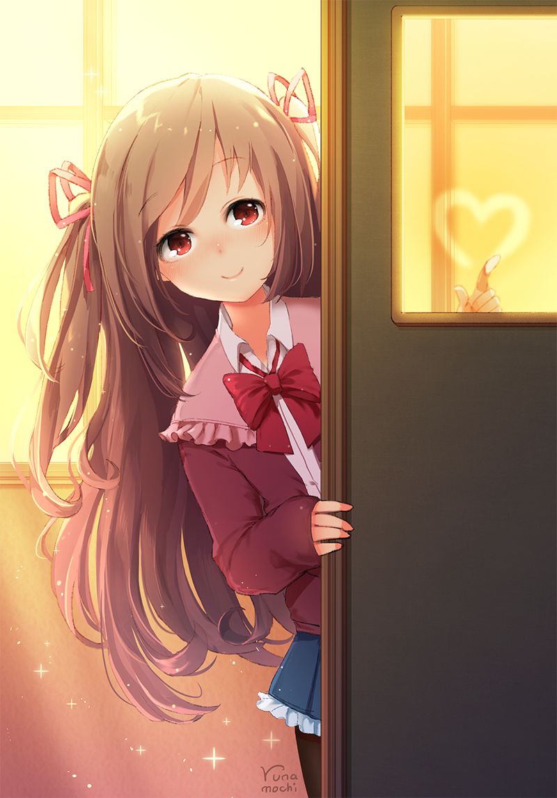 1girl, artist_name, backlighting, black_legwear, blazer, blue_skirt, blush, bow