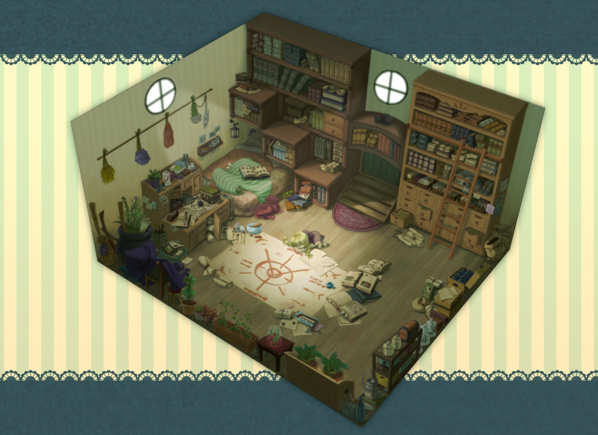 1girl, artist_request, book, bookshelf, broom, carpet, coffee_beans, diagram