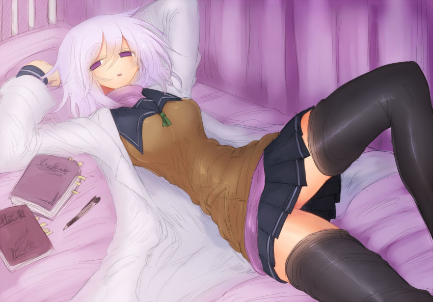 1girl, bed, black_legwear, breasts, female, kyuusui_gakari, labcoat, looking_at_viewer, lying, open_mouth, original, pleated_skirt, school_uniform, serafuku, short_hair, skirt, smile, solo, suzuno_oto_kogara, thigh-highs, turtleneck, violet_eyes, white_hair