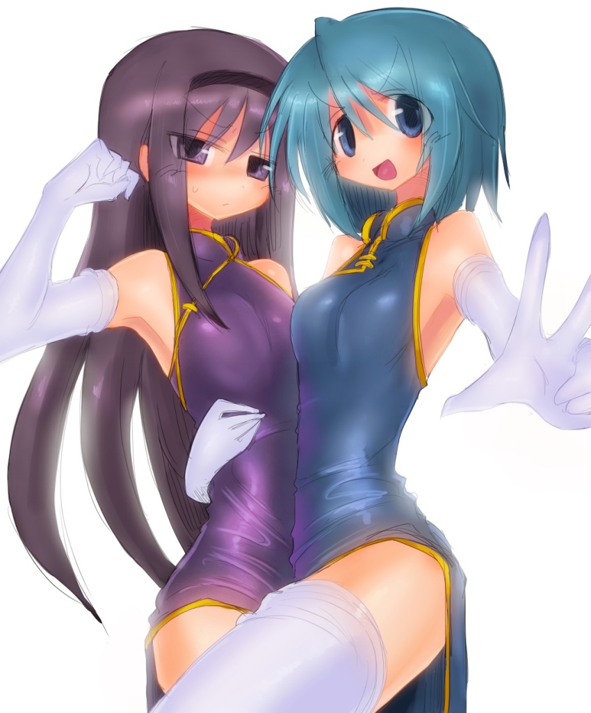 2girls, akemi_homura, bare_shoulders, black_hair, blue_eyes, blue_hair, blush, china_dress