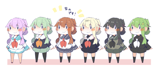 bangs, black_hair, blonde_hair, blush_stickers, brown_hair, commentary, cosplay, folded_ponytail