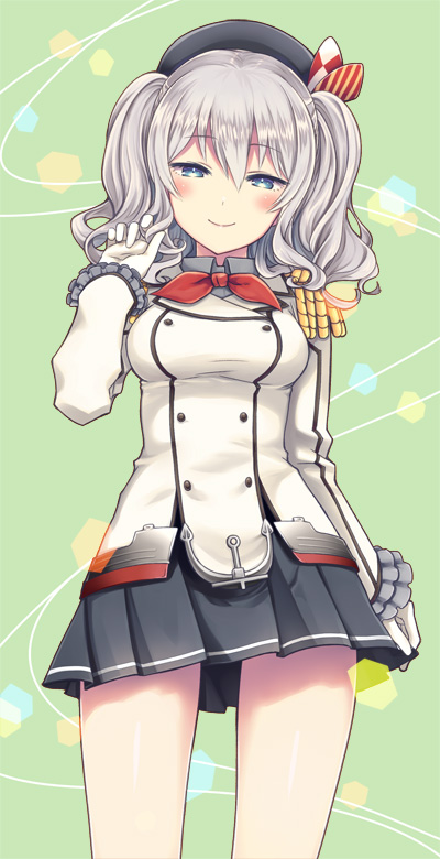 1girl, black_skirt, blue_eyes, blush, gloves, green_background, hat, kantai_collection