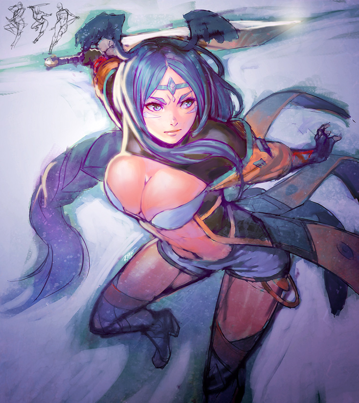 1girl, bangs, blue_eyes, blue_hair, braid, breasts, character_request, circlet