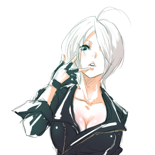 1girl, ahoge, angel_(kof), blue_eyes, breasts, cleavage, evilgun, fingerless_gloves