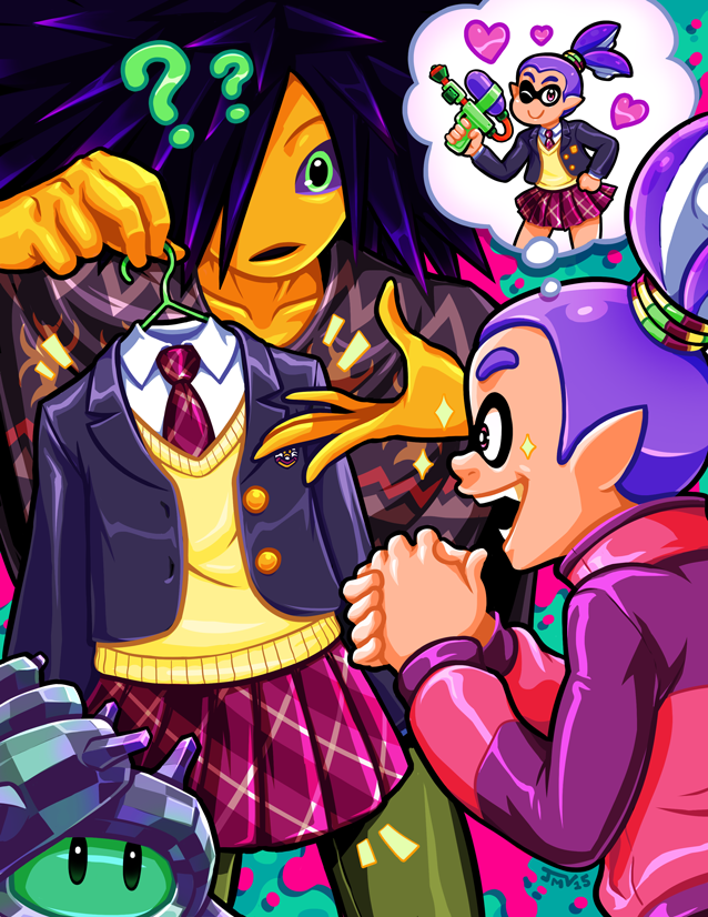 2boys, ??, blazer, clothes_hanger, crossdressinging, daunii_(splatoon), domino_mask, green_eyes