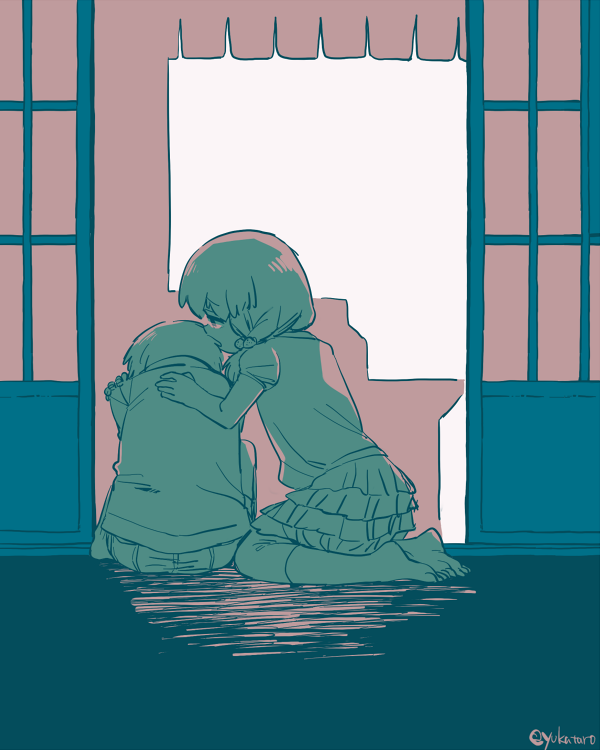 1boy, 1girl, blush, brother_and_sister, comforting, hair_bobbles, hair_ornament, head_down