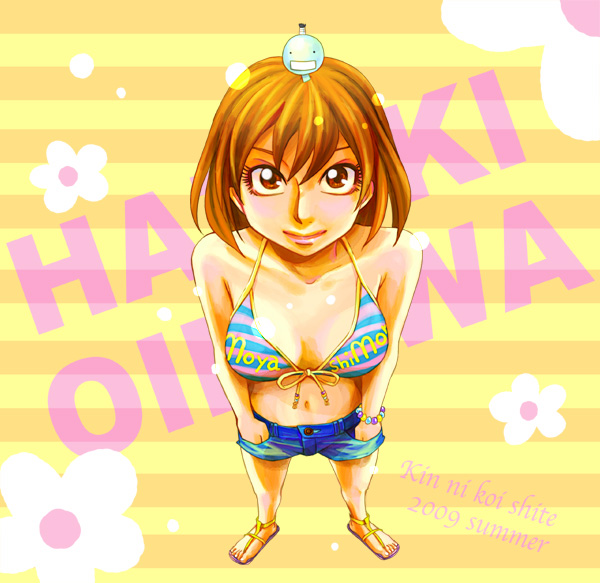 bikini, bikini_top, blush, bracelet, breasts, brown_eyes, brown_hair, cleavage, flower, from_above, hands_in_pockets, jewelry, lips, lipstick, looking_up, midriff, moyashimon, navel, oikawa_hazuki, sandals, short_hair, striped, striped_bikini, striped_swimsuit, swimsuit, yuki_(kinkoi), yuki_(pixiv4446)