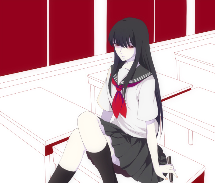 battle_royale, black_hair, black_legwear, black_socks, blunt_bangs, classroom, desk, glowing