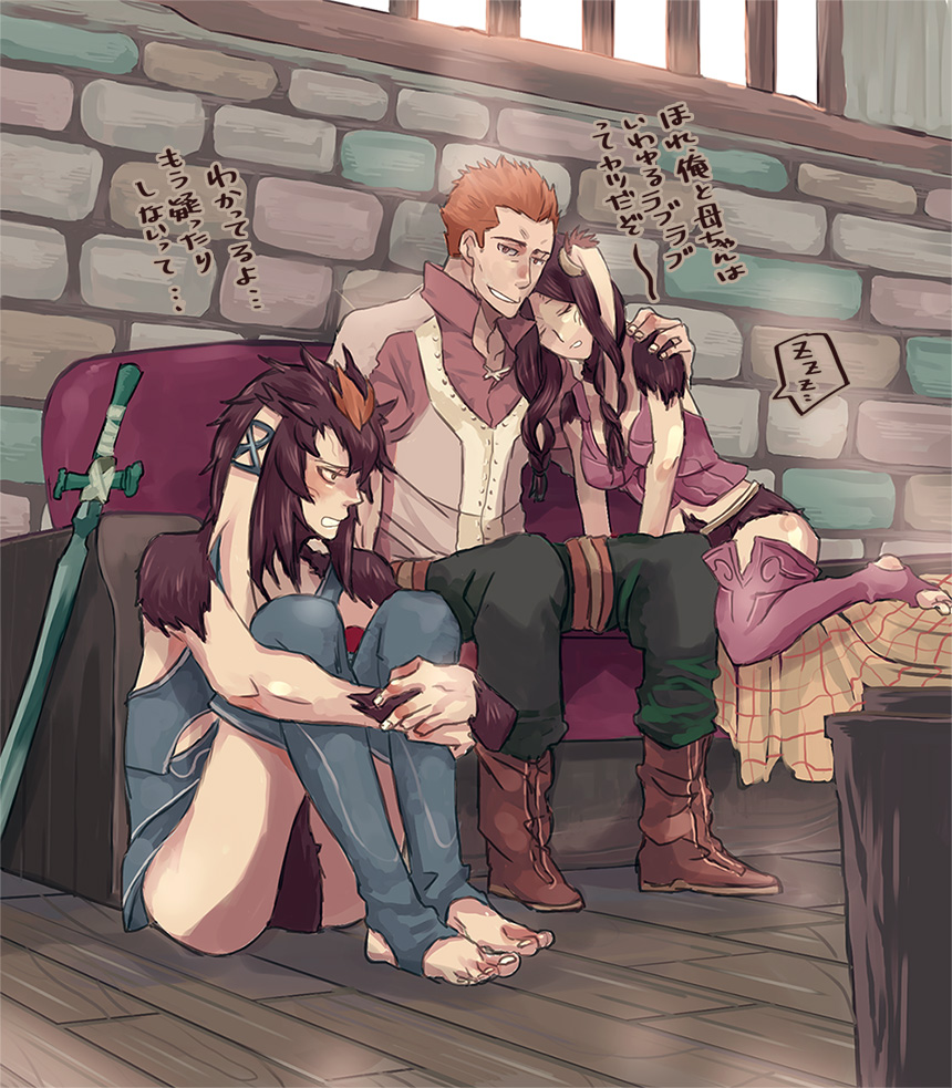 animal_ears, barefoot, brown_hair, chambray, family, fire_emblem, fire_emblem:_kakusei, grego, multiple_boys, rabbit_ears, sleeping, sword, turry, twintails, velvet_(fire_emblem), weapon, yarne_(fire_emblem)