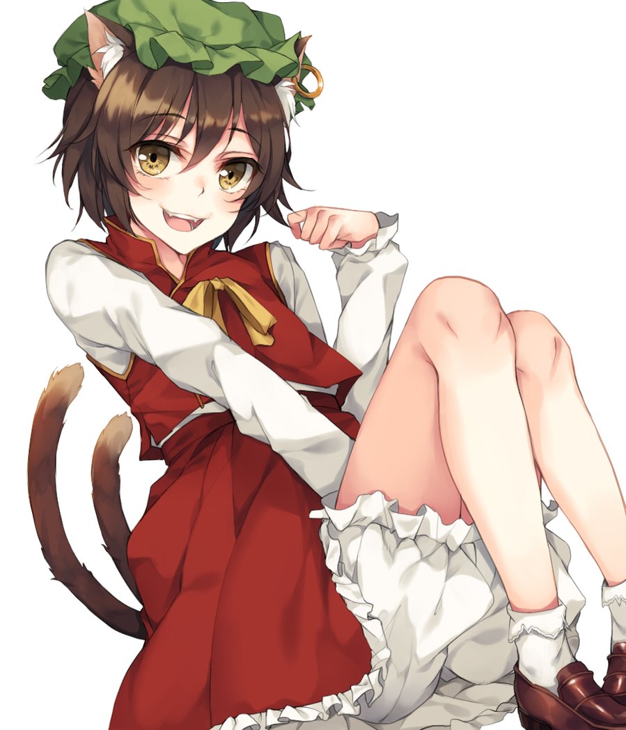 1girl, :d, animal_ears, bloomers, brown_hair, cat_ears, cat_tail, chen