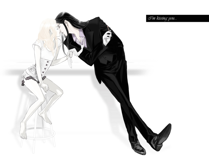 2boys, androgynous, barefoot, black_hair, black_shoes, blonde_hair, chair, cigarette